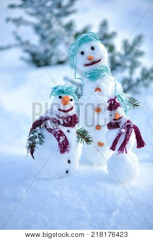 Little small Snowman in snow with copy space