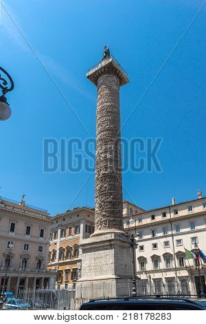 ROME, ITALY - JUNE 23, 2017: Amazing view of Marcus Aurelius Column in front of Palazzo Chigi in city of Rome, Italy
