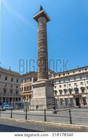 ROME, ITALY - JUNE 23, 2017: Amazing view of Marcus Aurelius Column in front of Palazzo Chigi in city of Rome, Italy