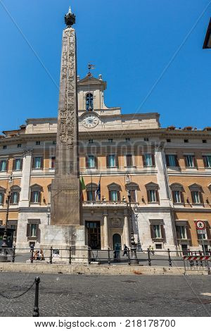 ROME, ITALY - JUNE 23, 2017: Amazing view Obelisk of Montecitorio and Palazzo Montecitorio in city of Rome, Italy