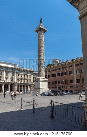 ROME, ITALY - JUNE 23, 2017: Amazing view of Marcus Aurelius Column in front of Palazzo Chigi in city of Rome, Italy