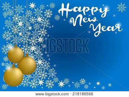 Happy new year inscription on a gold christmas ball. Greeting card design template with 3D typography label