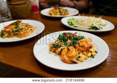 Thai food shrimp and noodle stir fried with egg Thai traditional food yummy must try