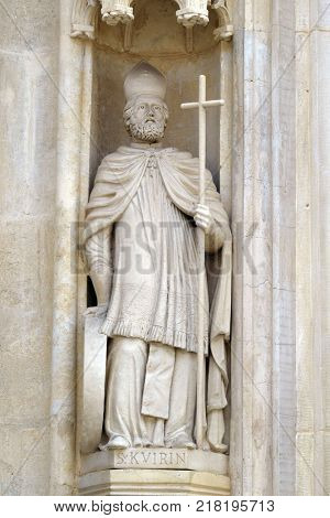 ZAGREB, CROATIA - AUGUST 23: St. Quirinus, west portal of the church of St. Mark in Zagreb, Croatia on August 23, 2017.