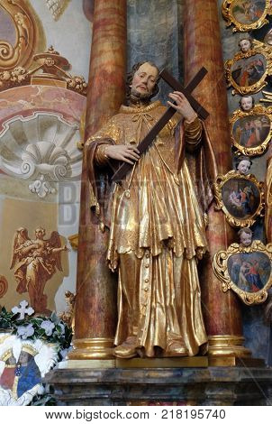 BELEC, CROATIA - JULY 09: Saint Francis Xavier statue on altar in the Baroque Church of Our Lady of the Snow in Belec, Croatia on July 09, 2016.