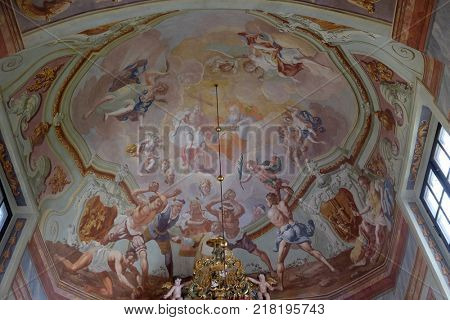 BELEC, CROATIA - JULY 09: Fresco painting on the ceiling of the Baroque Church of Our Lady of the Snow in Belec, Croatia on July 09, 2016.