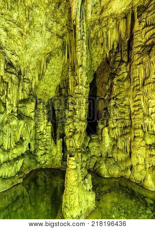Reflection on the lake in Psychro cave where god Zeus was born. Crete island, Greece