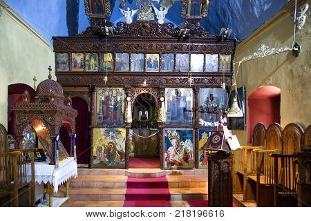 LASITHI GREECE - SEPTEMBER 18: interior of small orthodox church at Lasithi plateau in Crete island on September 18 2017 in Lasithi