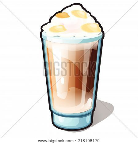 An iced coffee with caramel and whipped cream in a glass cup isolated on a white background. Recipes of delicious drinks or beverage and cocktails. Cartoon vector close-up illustration.