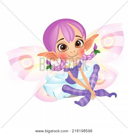 Little fairy elven girl in blue dress with short skirt sitting and smiling isolated on white background. Vector cartoon close-up illustration.