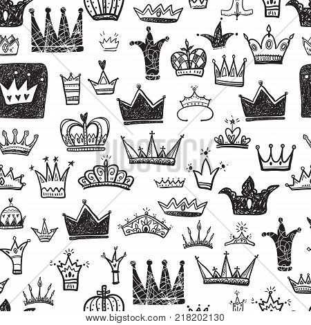 Hand drawn Various crowns set, vector illustration doodle cute style.
