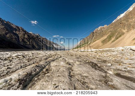 Beautiful view of the Bezengi glacier and the Bezengi wall in the Central Caucasus Russia.