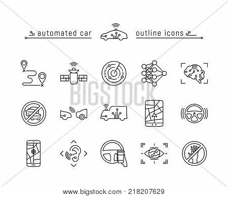 Driverless vehicle vector icon set in outline style.