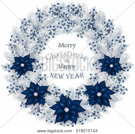 Christmas background with silver color fir branches blueberries and blue poinsettia. Vector illustration.