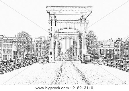 Pencil drawing from snowy thiny bridge in Amsterdam the Netherlands in winter
