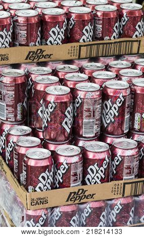 TEL AVIV, ISRAEL - 26 NOVEMBER 2017: Background with tin cans of Dr Pepper drink attractions of the city Market Sarona .