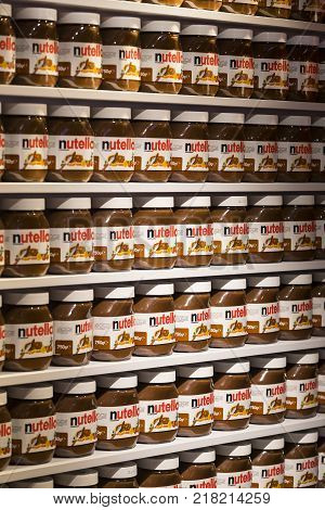TEL AVIV, ISRAEL - 26 NOVEMBER 2017: Background with cans of chocolate nutty pasta Nutella attractions of the city Market Sarona .