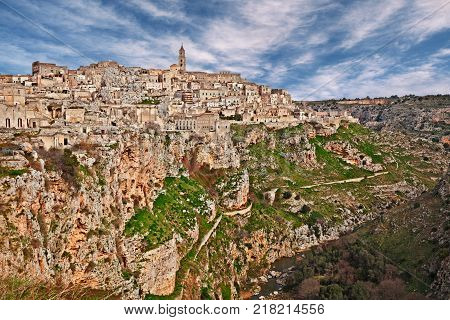 Matera, Basilicata, Italy: landscape of the old town (sassi di Matera) and the creek at the bottom of the deep ravine