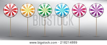 Set of 6 colorful lollipops. Round candy on stick with swirl design. Lollipop icon set. Design elements for holiday cards. Realistic and isolated on the white panel. Vector illustration. Eps10.