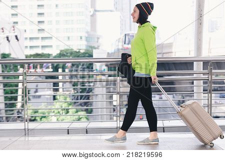 Portrait beautiful young girl russian enjoying smell traval in winter bangkok city thailand