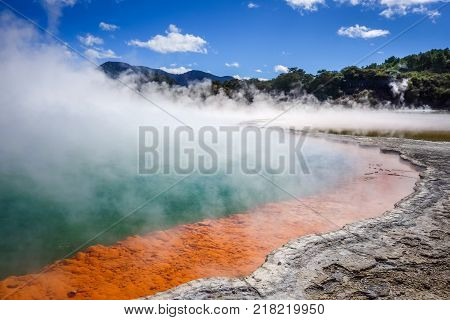 Champagne Pool hot lake in Waiotapu geothermal area Rotorua New Zealand