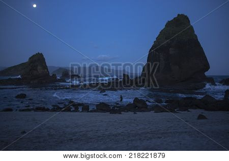 INDONESIA: Fullmoon nightscape view at Tanjung Papuma Beach,Jember , Surabaya,East Java.
