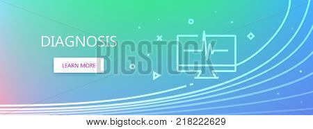 Blue colored medicine related vector banner with Diagnosis word and monitor icon in outline style.