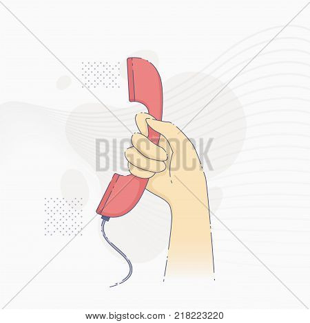 Vector illustration of hand holding old fashioned pink handset in flat line style.