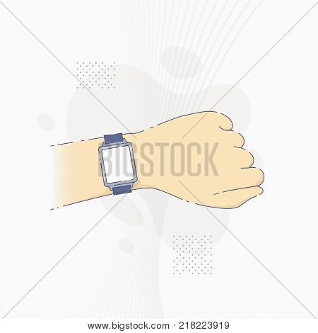 Vector illustration of smart watch with blank screen on human hand in flat line style.