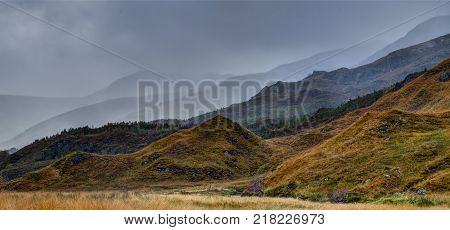 Landscape near Loch Garry A87 road Highland Scotland. Rainy and windy october midday.