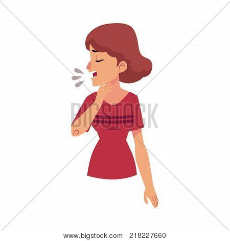 Woman suffering from cough, symptom of flu, cartoon vector illustration isolated on white background. Half length portrait of unhappy girl, woman having flu, coughing
