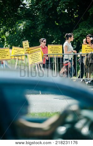 STRASBOURG FRANCE - JUN 3 2015: People protesting at European Court of Human Rights ECHR during grand chamber hearing conc rejection made by Turkish Alevis that state cover the expenses of cemevis