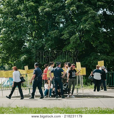 STRASBOURG FRANCE - JUN 3 2015: People protesting at European Court of Human Rights ECHR during grand chamber hearing conc rejection made by Turkish Alevis that state cover the expenses of cemevis