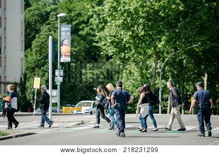 STRASBOURG FRANCE - JUN 3 2015: People protesting at European Court of Human Rights ECHR during grand chamber hearing conc rejection made by Turkish Alevis that state cover the expenses of cemevis