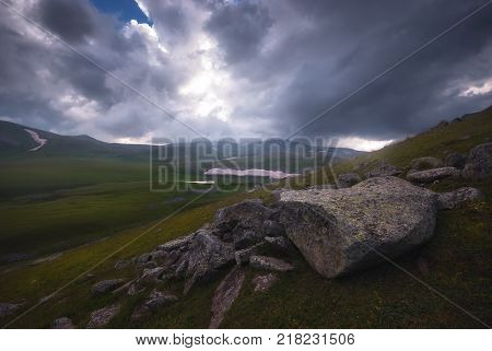 landscape of beautiful foggy valley in georgia, caucasus