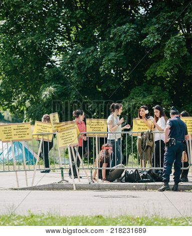 STRASBOURG FRANCE - JUN 3 2015: People protesting at European Court of Human Rights ECHR during grand chamber hearing conc rejection made by Turkish Alevis that state cover the expenses of cemevis