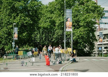 STRASBOURG FRANCE - JUN 3 2015: People protesting at European Court of Human Rights ECHR during grand chamber hearing conc rejection made by Turkish Alevis that state cover the expenses of cemevis