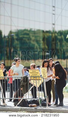 STRASBOURG FRANCE - JUN 3 2015: People protesting at European Court of Human Rights ECHR during grand chamber hearing conc rejection made by Turkish Alevis that state cover the expenses of cemevis