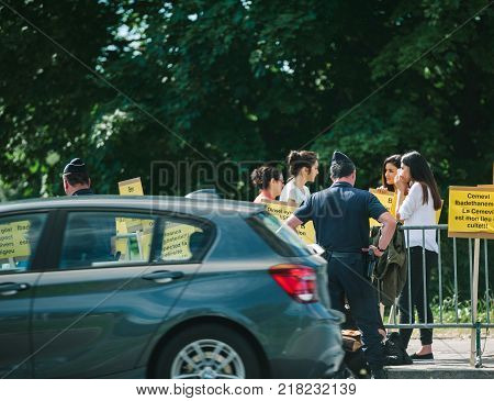 STRASBOURG FRANCE - JUN 3 2015: People protesting at European Court of Human Rights ECHR during grand chamber hearing conc rejection made by Turkish Alevis that state cover the expenses of cemevis