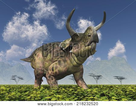 Computer generated 3D illustration with the dinosaur Nasutoceratops in a landscape