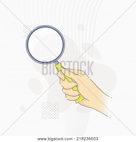 Vector illustration of hand holding magnifying glass in flat line style.