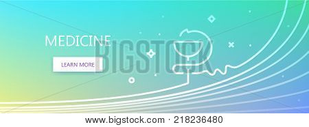 Blue colored medical related vector banner with Medicine word and snake cup icon in outline style.