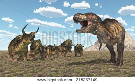 Computer generated 3D illustration with the dinosaur Tyrannosaurus Rex attacking the dinosaur Nasutoceratops