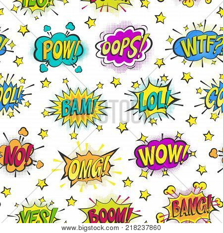 Pop art comic bubbles vector cartoon popart balloon bubbling colorful speech cloud asrtistic comics shapes isolated on white background illustration seamless pattern background.