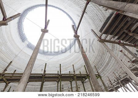 Chernobyl, Ukraine. Inside view from unfinished cooling tower of Chernobyl nuclear power plant block 5