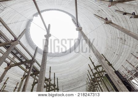 Chernobyl, Ukraine. Inside view from unfinished cooling tower of Chernobyl nuclear power plant block 5