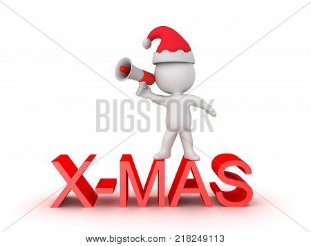 3D Character announcing X-MAS. Isolated on white.