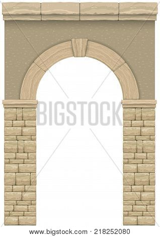 Arch in the wall of beige cut stone and travertine marble for a window or door in the classic style