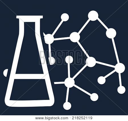 Simple flat vector dark template on the theme of science medicine or research. Symbolic contour illustration of a molecule and a beaker with a chemical substance