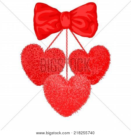 Vector colorful illustration of decortive elements with red pom-poms in the shape of a heart hanging on the ropes with bow isolated on white background. Decor for Valentines day design.